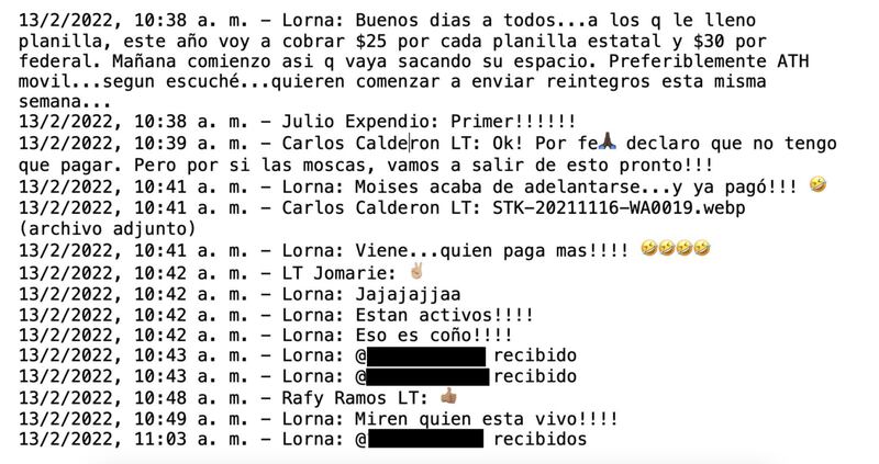 Captura de pantalla de extractos del chat “Loterías’ Team!”.