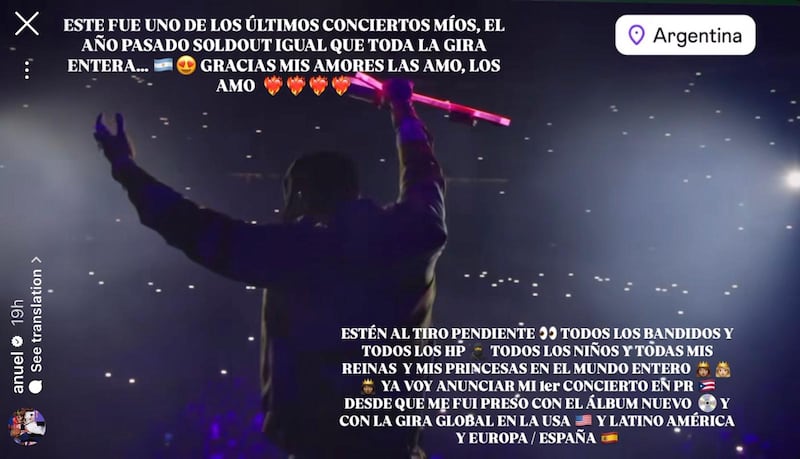 Anuel AA promete hacer concierto en Puerto Rico a través de sus historias de Instagram. Captura de pantalla.