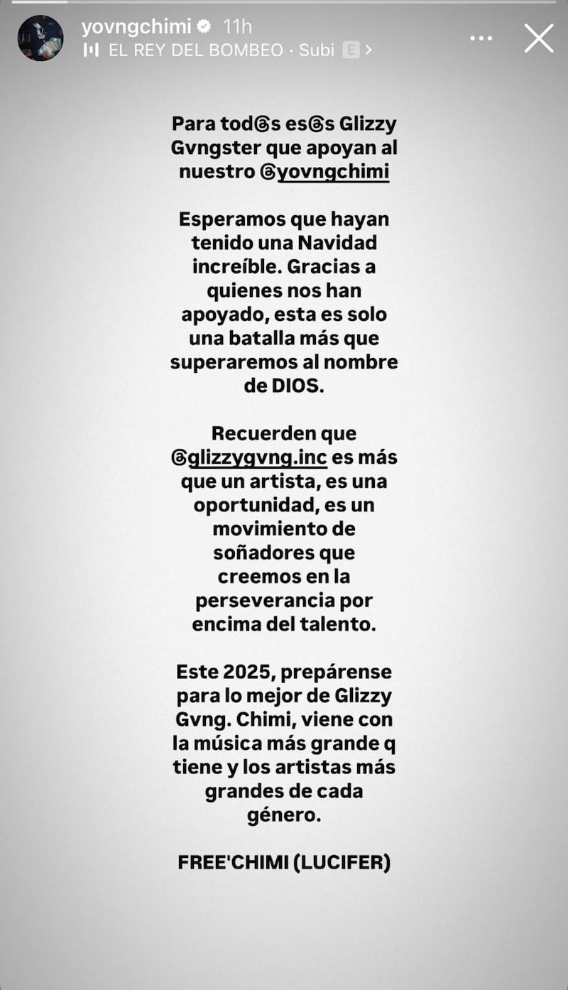 Expresiones en Instagram de Yovngchimi sobre los planes del 2025 apesar de la controversia con la Polícia.